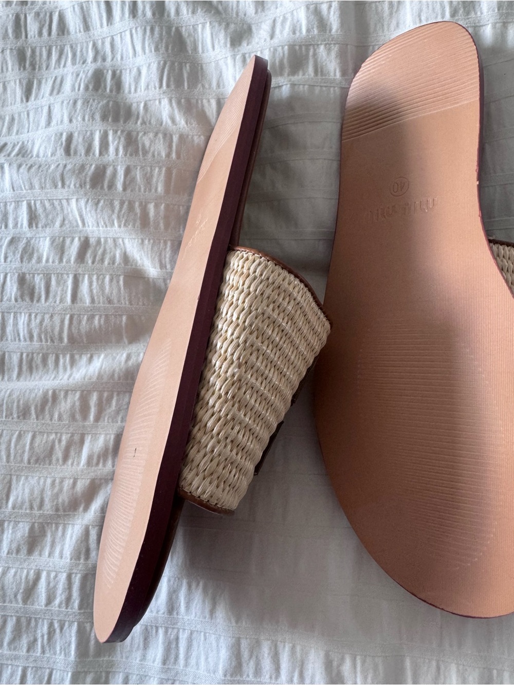 Miu Miu Brown Leather & Natural Raffia Slide Sandals - Picture 2 of 4